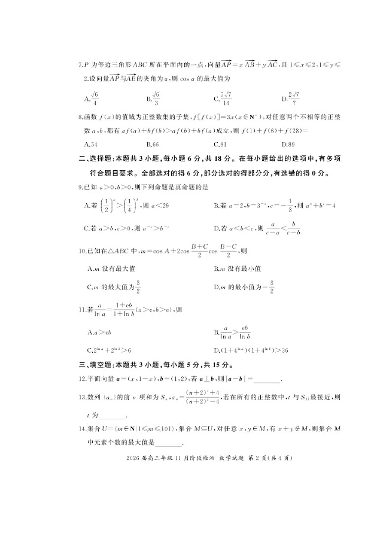 河南省百师联盟2026届高三上学期11月阶段检测试题 数学 含解析第2页