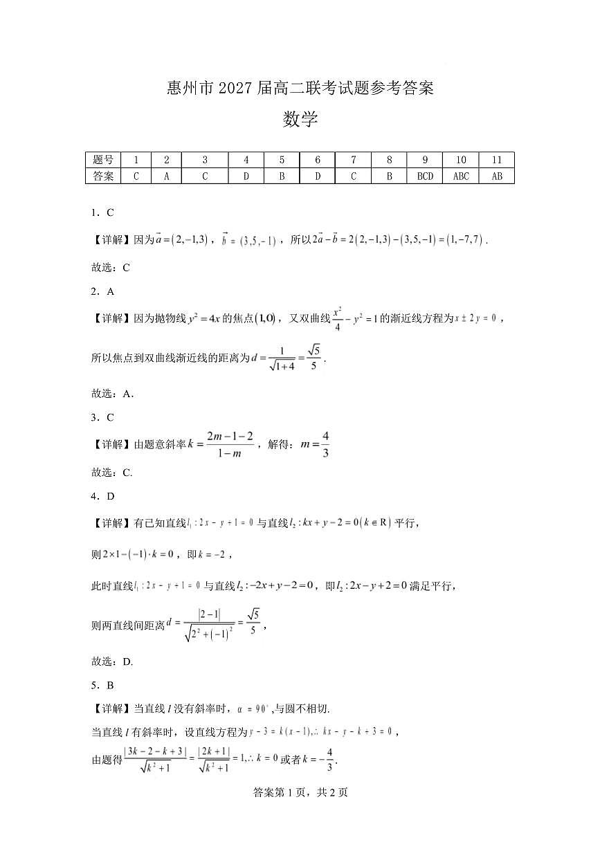 广东惠州2025-2026学年高二上学期12月联考数学答案第1页