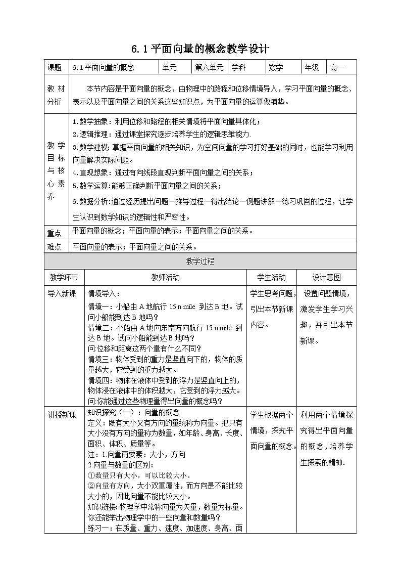 人教版高中数学必修第二册6.1平面向量的概念 教案第1页