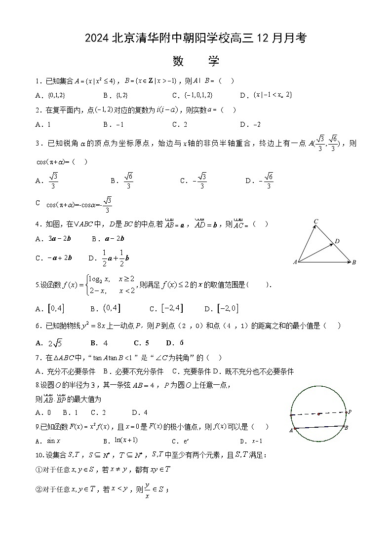 北京市清华大学附属中学朝阳学校2024-2025学年高三上学期12月月考数学试题第1页