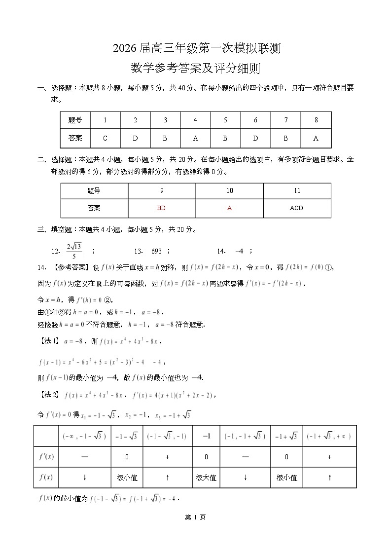 2026届深圳市高三年级第一次模拟联测试卷(数学) 2026届深圳市高三年级第一次模拟联测试卷(数学答案)第1页
