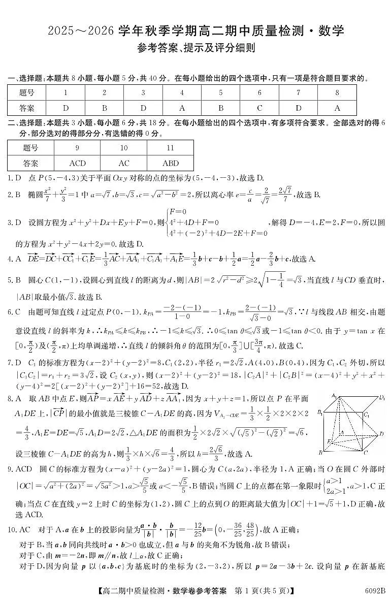 【数学DA】安徽省华师联盟2025~2026学年秋季学期高二期中质量检测（6092B）第1页