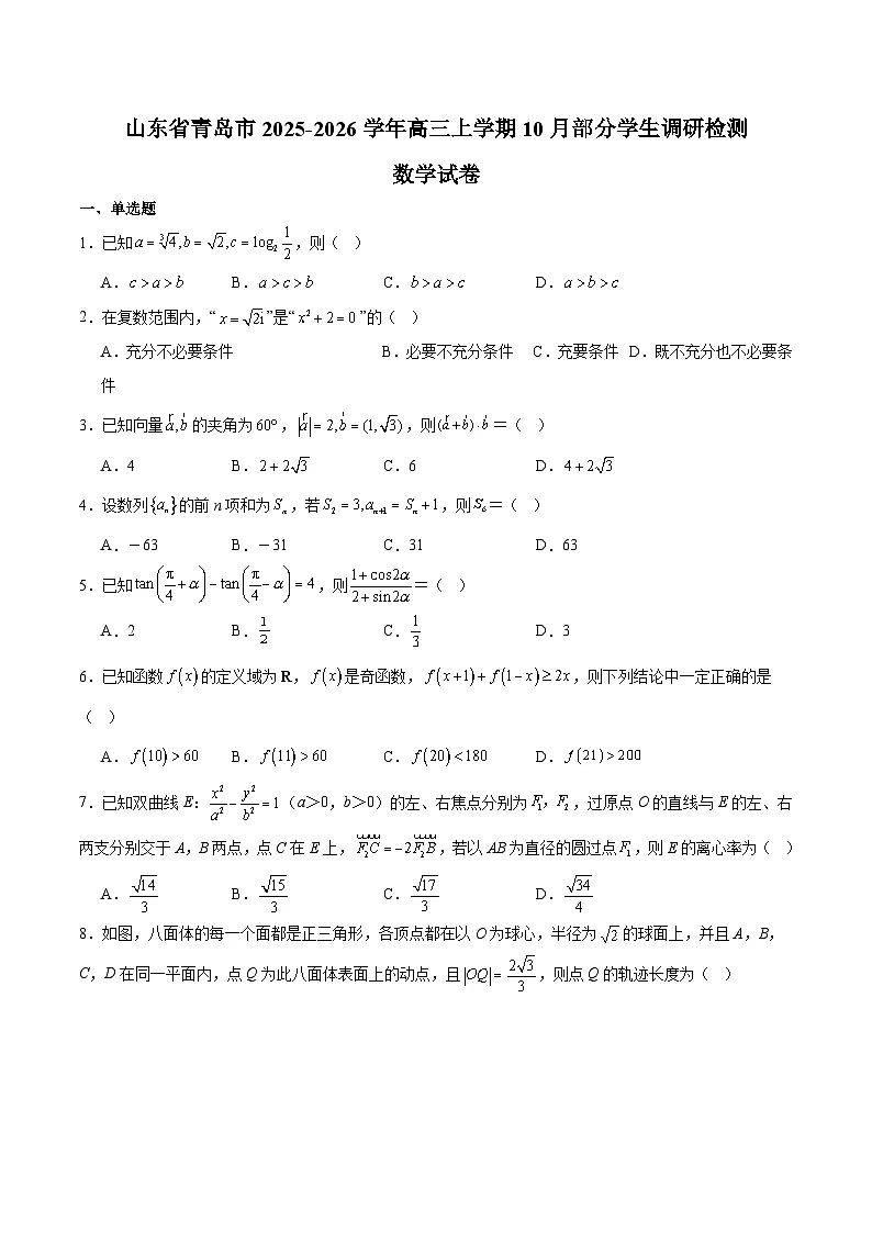 山东省青岛市2026届高三上学期10月部分学生调研检测 数学试卷（含答案）第1页
