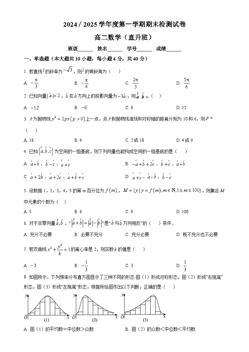 北京市第五中学高二上学期期末质量检测数学试题 （直升班）（原卷版）-A4第1页