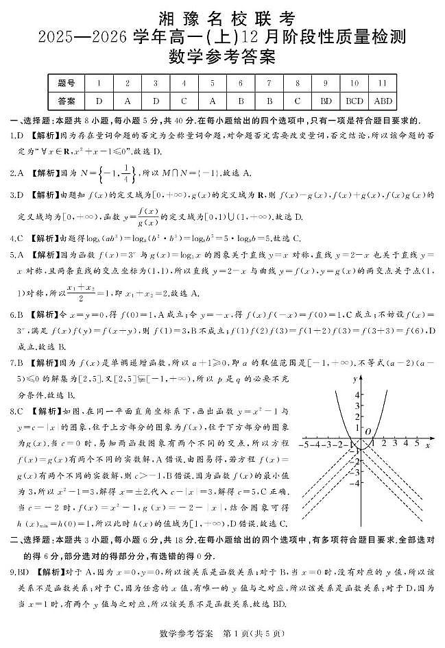 湘豫名校联考2025-2026学年高一上学期12月质检数学答案第1页