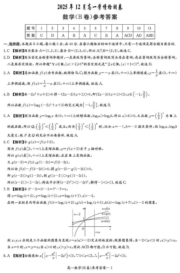 数学答案（高一12月学情检测）B卷第1页