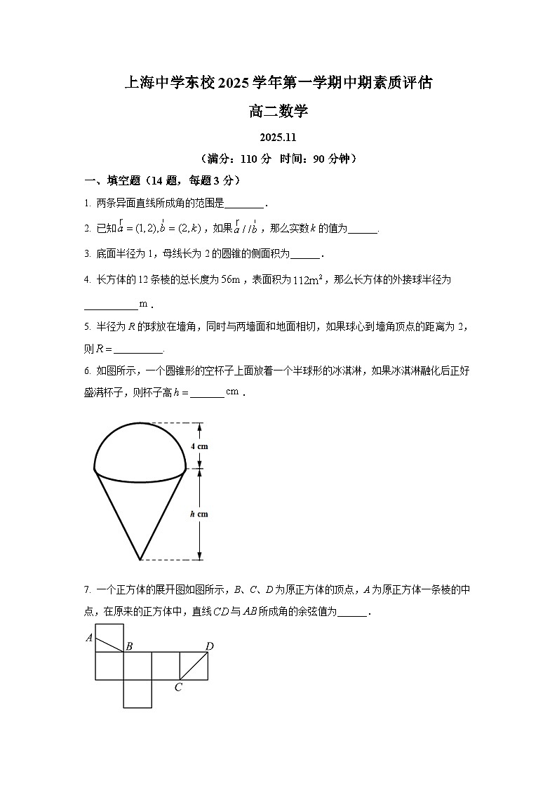 上海市上海中学东校2025-2026学年高二上学期期中数学试卷及答案第1页