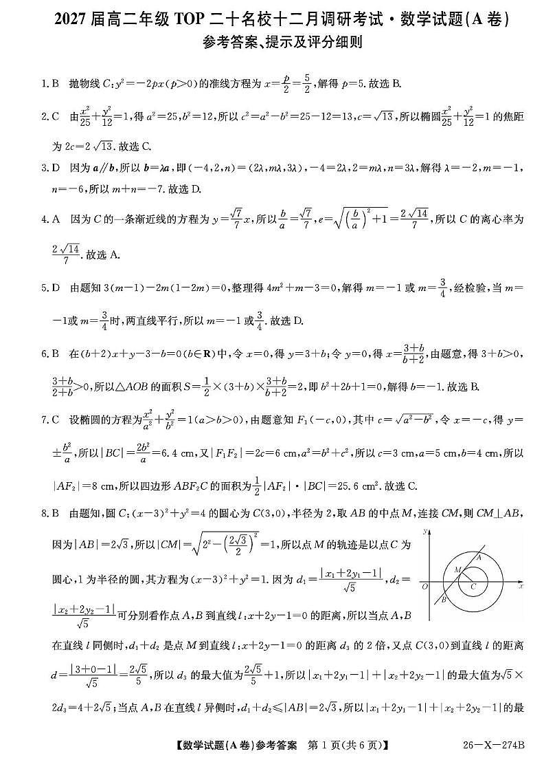 河南TOP二十名校2025-2026学年高二上学期12月调研数学试卷答案第1页