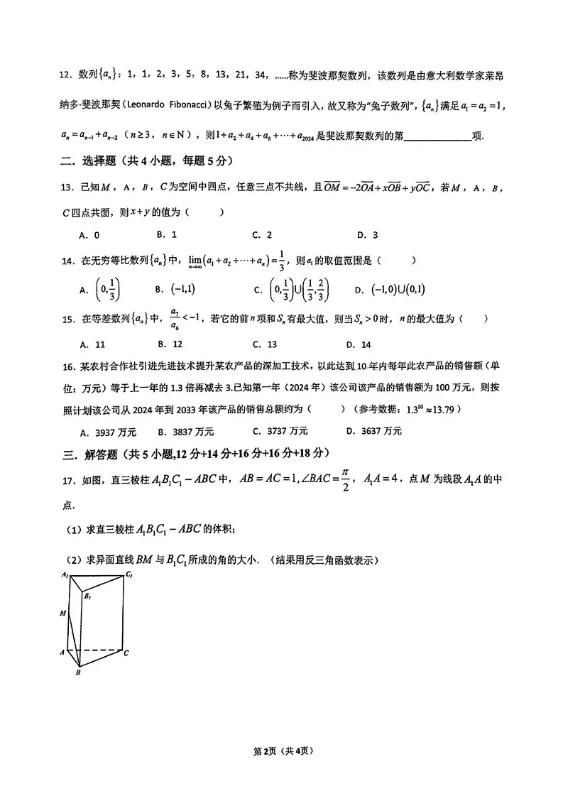 上海市宝山区海滨中学2024-2025学年高二上学期期末学业质量检测数学试卷第2页
