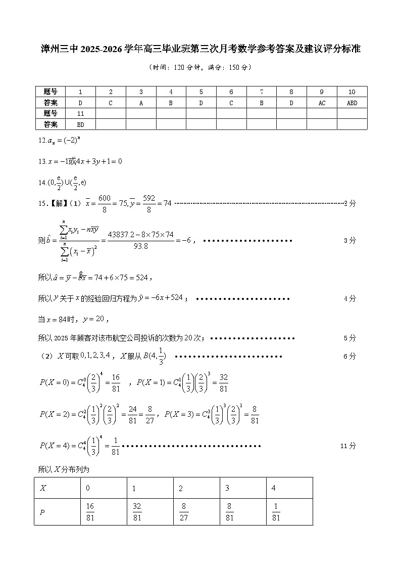 漳州三中2025-2026学年高三毕业班第三次月考数学参考答案及建议评分标准第1页