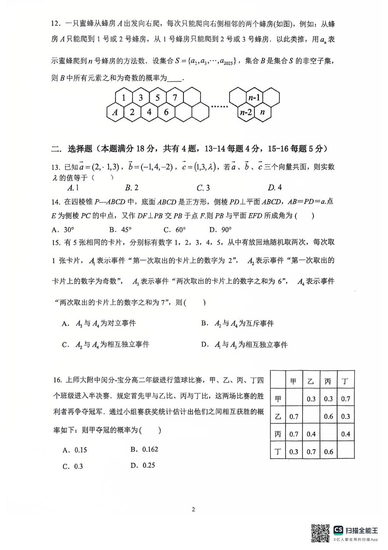 上海市上海师范大学附属中学宝山分校、上海师范大学附属中学闵行分校2024-2025学年高二上学期1月期末联考数学试题第2页