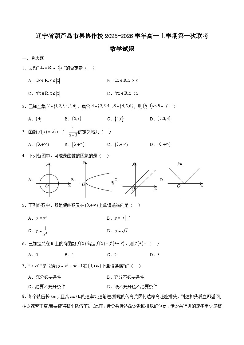 辽宁省葫芦岛市、县协作校2025-2026学年高一上学期第一次考试数学试题（Word版附解析）第1页