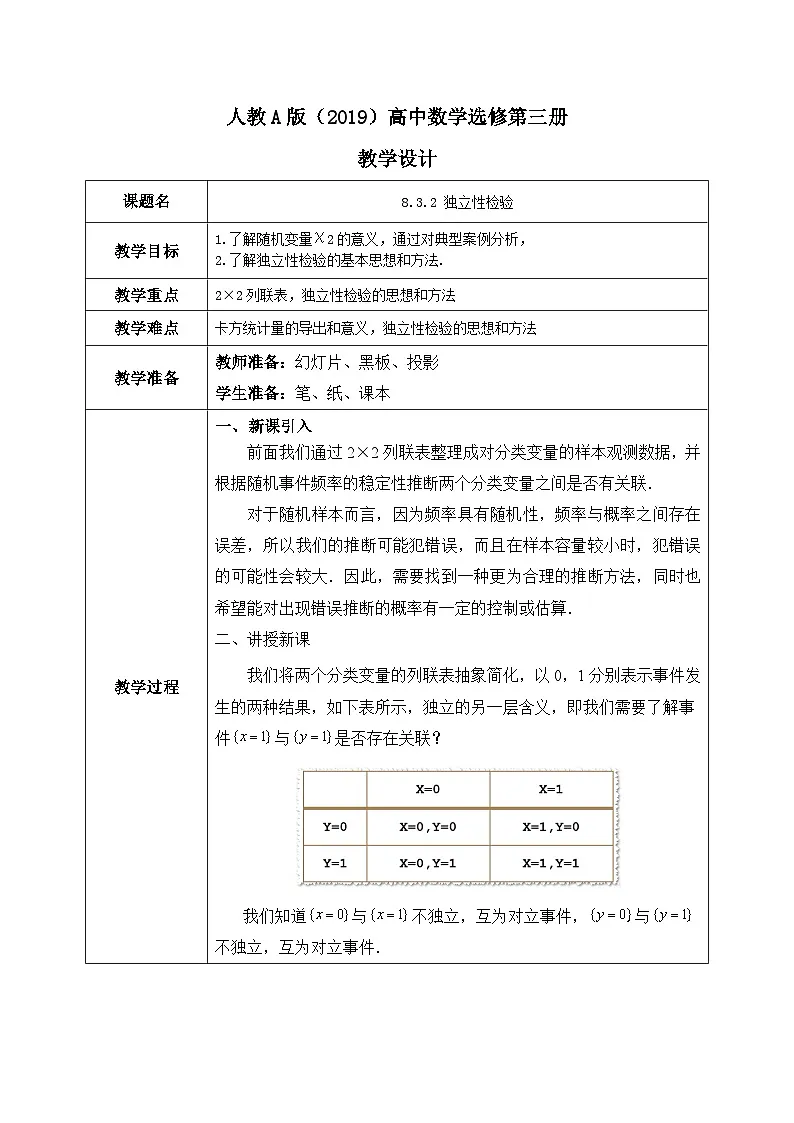 人教A版（2019）选修三8.3.2 独立性检验（教学设计）第1页