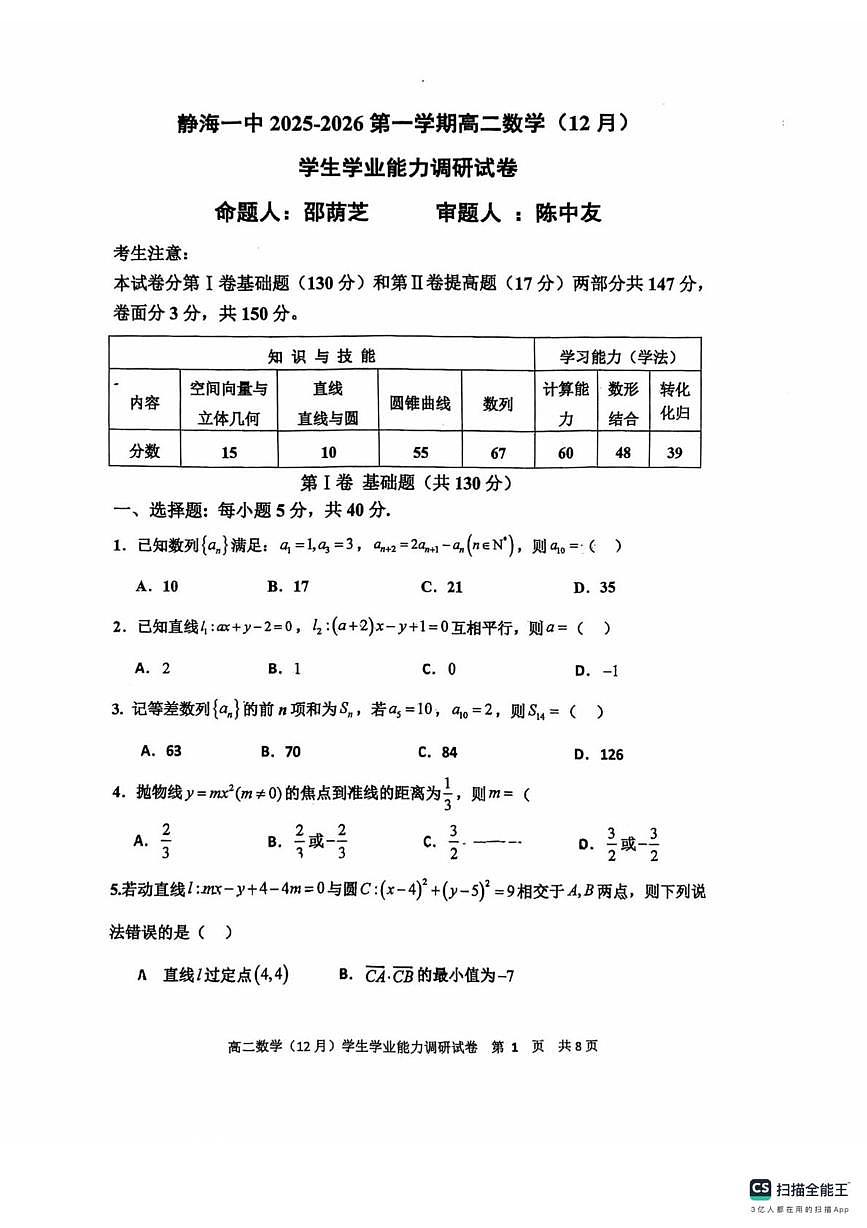 天津市静海第一中学2025-2026学年高二上学期12月月考数学试题第1页