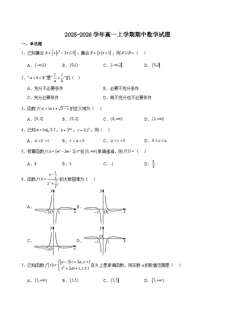 山东省济南市重点高中2025-2026学年高一上学期11月期中检测 数学(含答案）第1页
