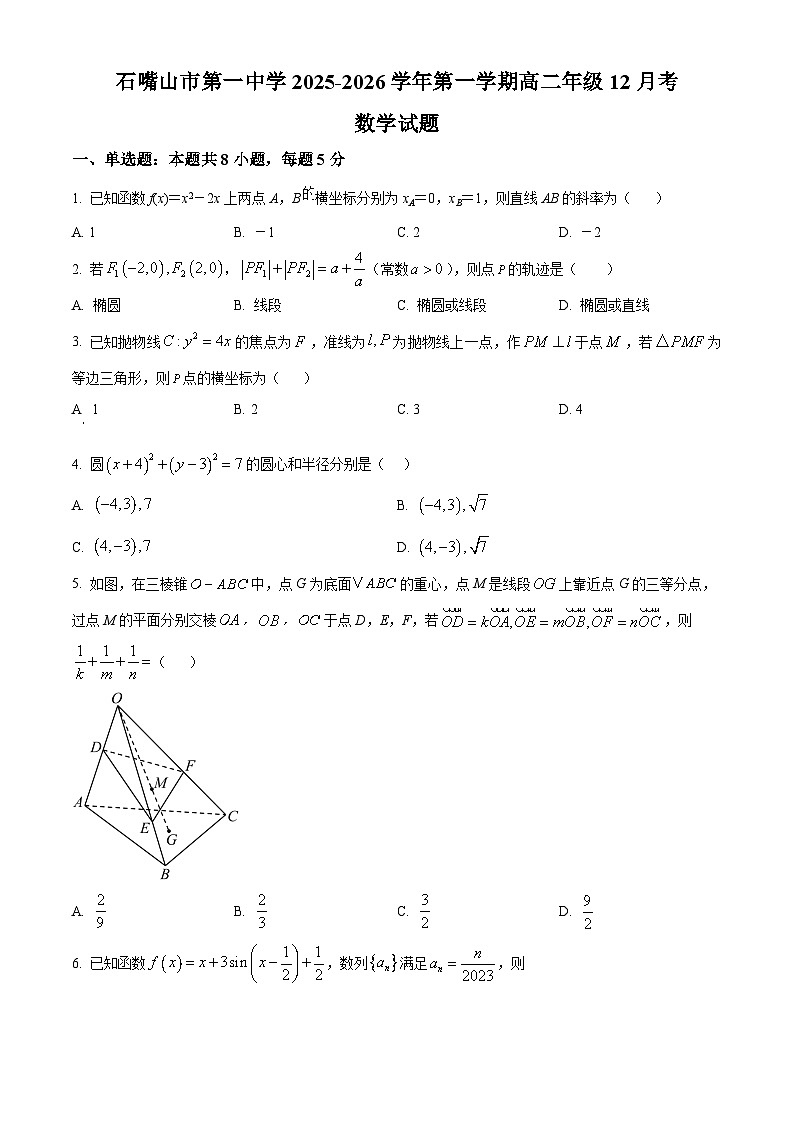 精品解析：宁夏回族自治区石嘴山市第一中学2025-2026学年高二上学期12月月考数学试题（原卷版）第1页