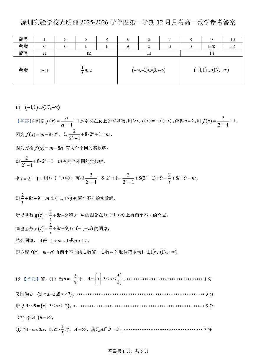 深圳实验学校光明部2025-2026学年高一上学期12月月考数学答案第1页