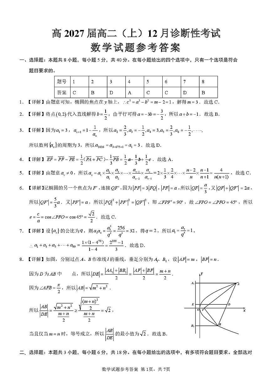 重庆育才中学校2025-2026学年高二上学期12月诊断性考试数学答案第1页