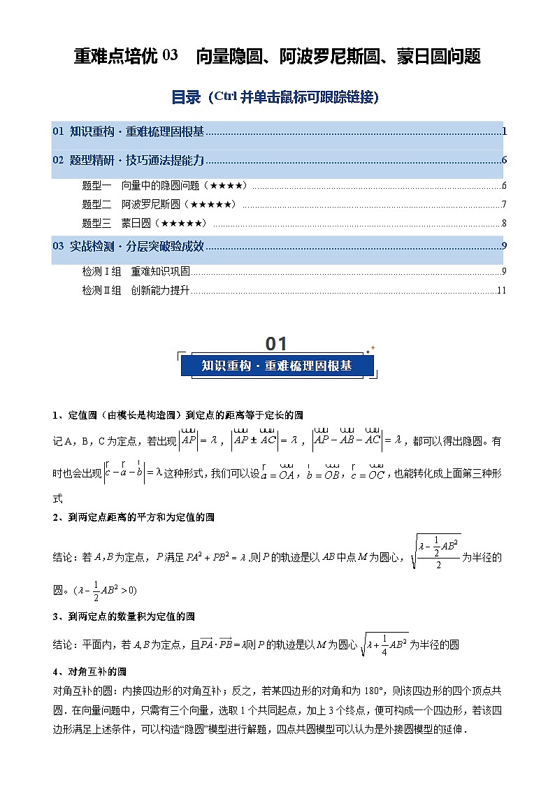 重难点培优03 向量隐圆、阿波罗尼斯圆、蒙日圆问题（复习讲义）（全国通用）2026年高考数学一轮复习讲练测（原卷版）-A4第1页