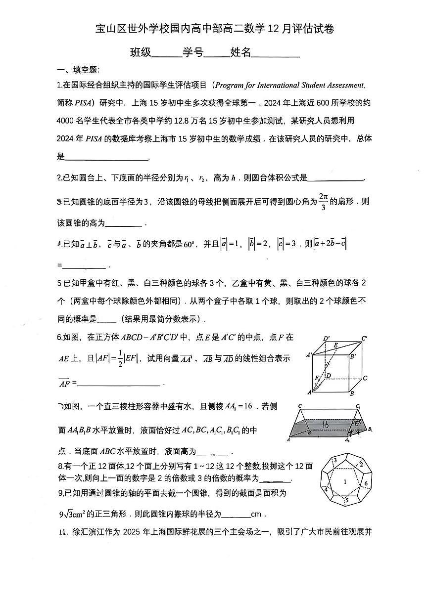 上海市宝山区世外学校2025-2026学年高二上学期12月评估数学试卷（月考）第1页