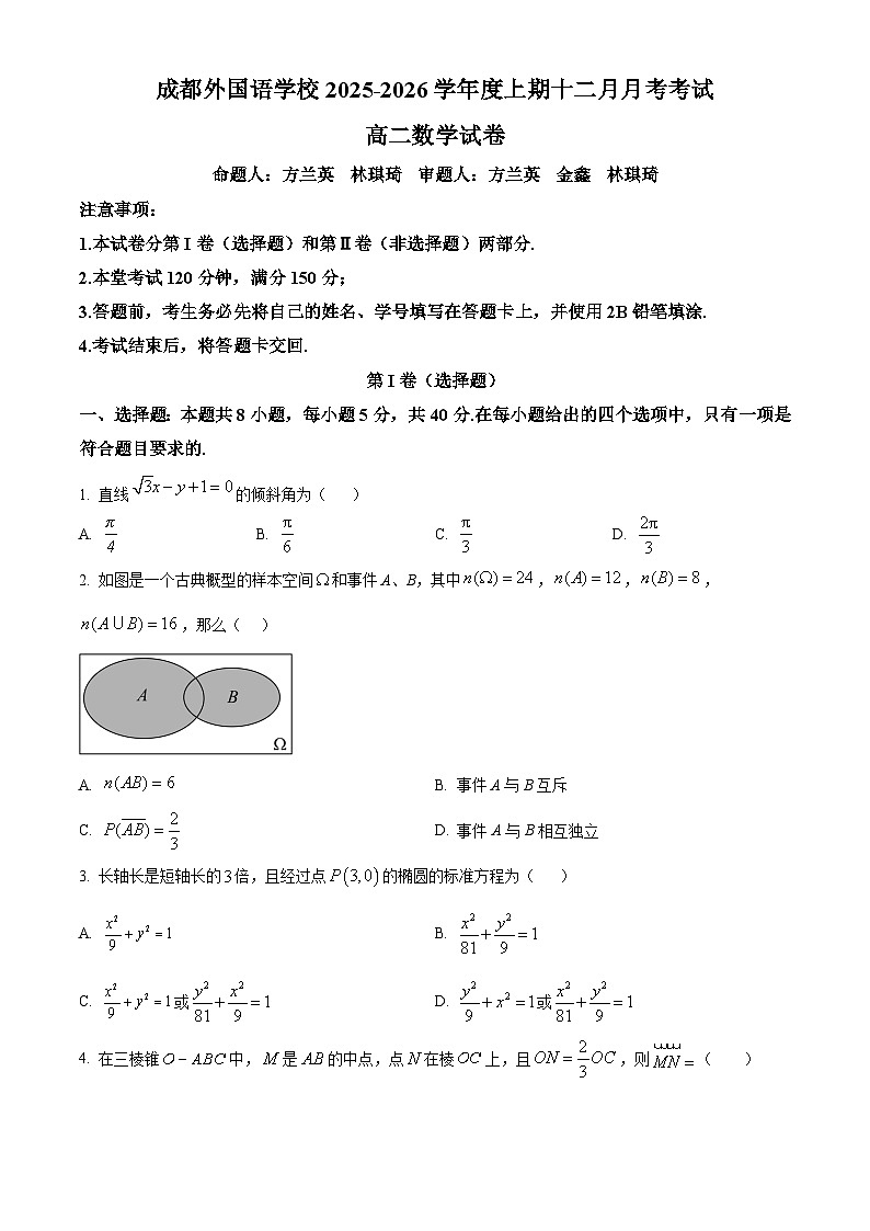 四川省成都外国语学校2025-2026学年高二上学期12月月考数学试卷（原卷版）第1页
