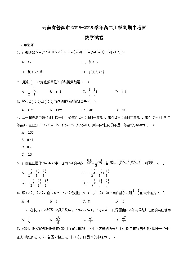 云南省普洱市2025-2026学年高二上学期期中考试数学试题（Word版附解析）第1页