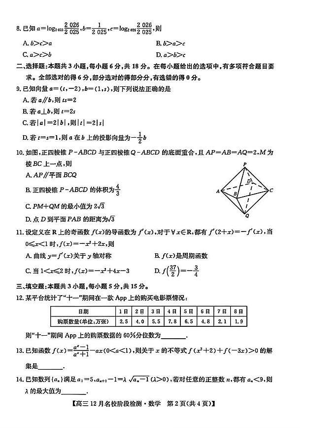 数学丨安徽省耀正优+2026届高三上学期12月名校阶段检测联考试卷及答案第2页