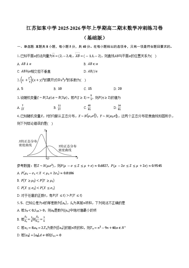 江苏如东中学2025-2026学年上学期高二期末数学冲刺练习卷（基础版）第1页