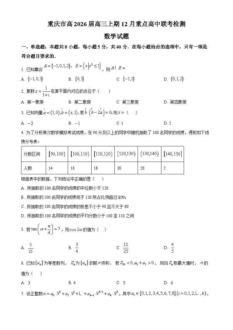 重庆市重点高中2026届高三上学期12月联考检测数学试题  Word版无答案第1页