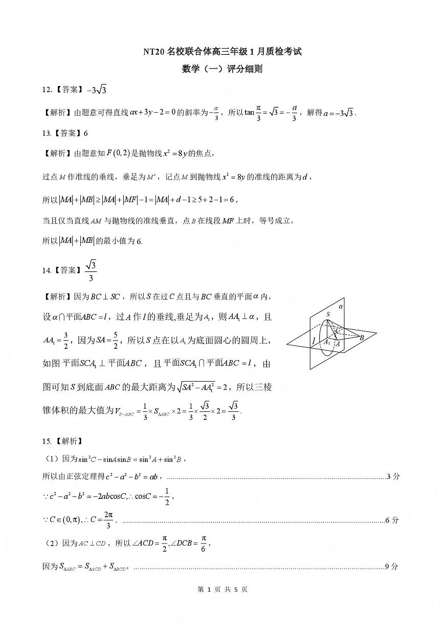 NT20名校联合体高三年级1月质检考试数学评分细则第1页