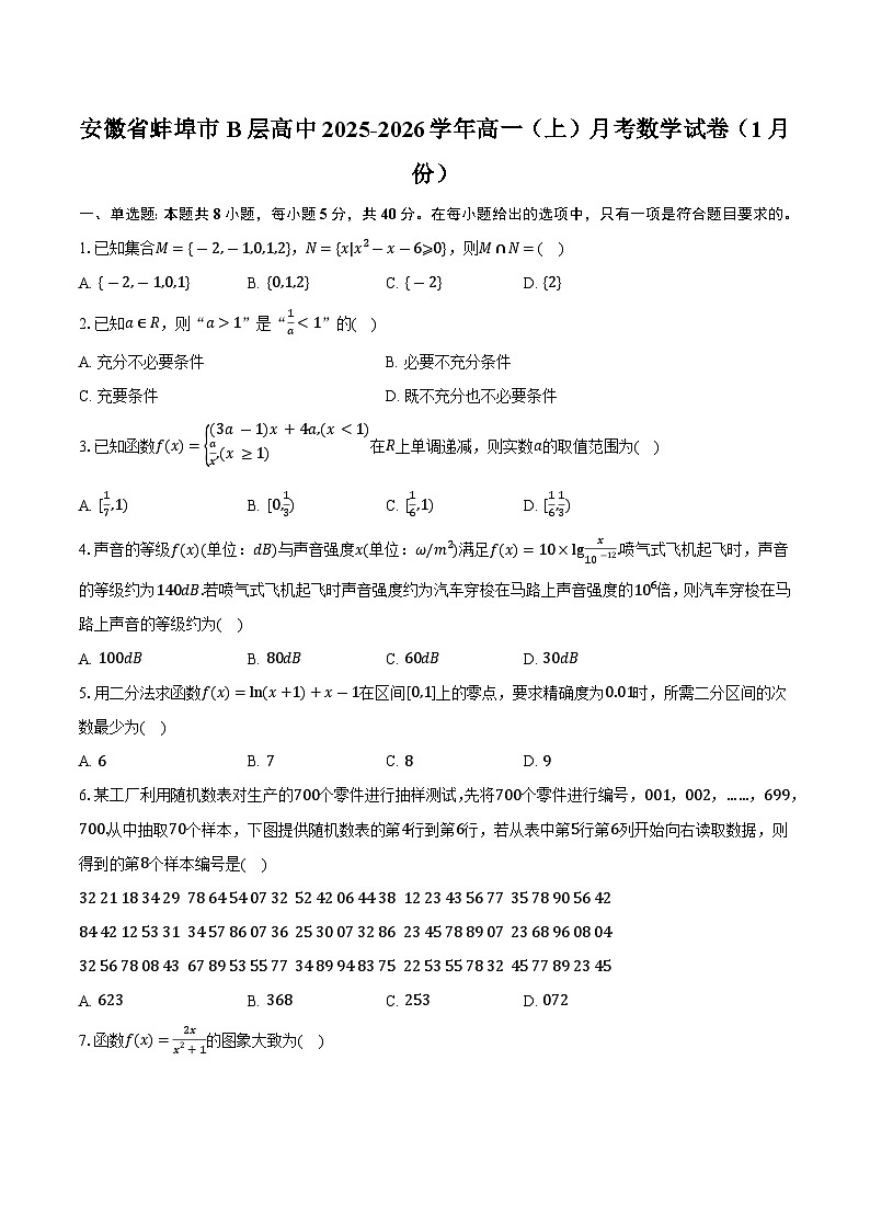 安徽省蚌埠市B层高中2025-2026学年高一（上）月考数学试卷（1月份）第1页
