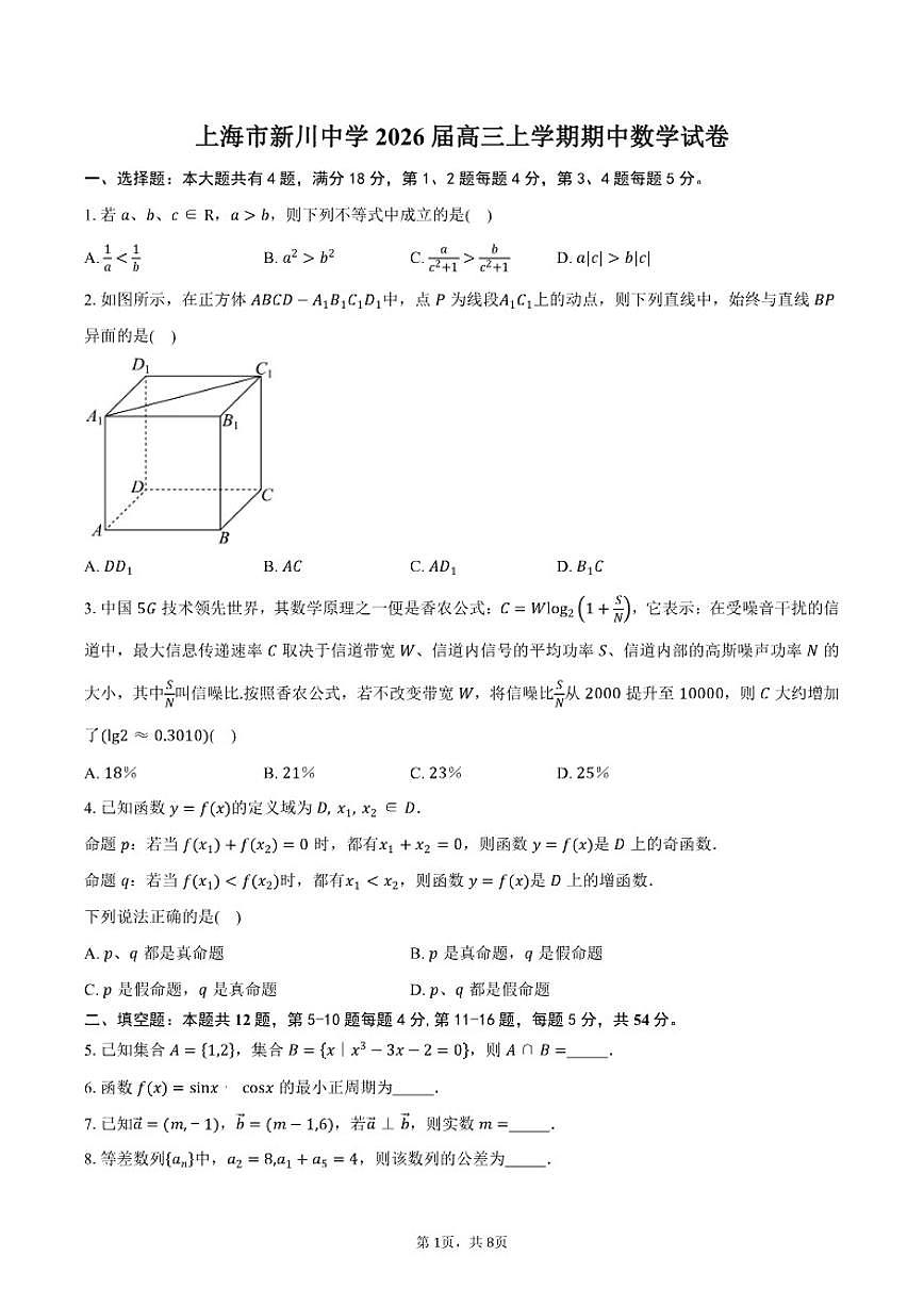 上海市新川中学2026届高三上学期期中数学试卷（含答案）第1页