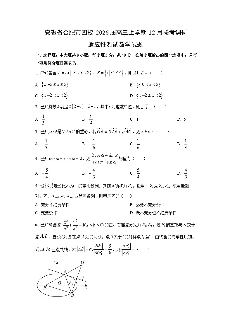 安徽省合肥市四校2026届高三上学期12月联考调研适应性测试数学试卷（学生版）第1页