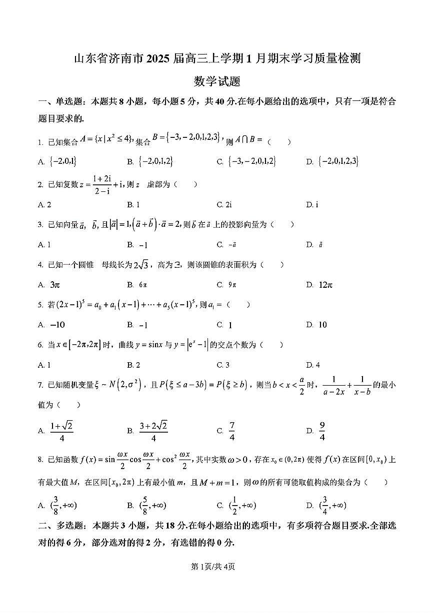 2025年济南市高三数学上学期期末试题及其答案第1页