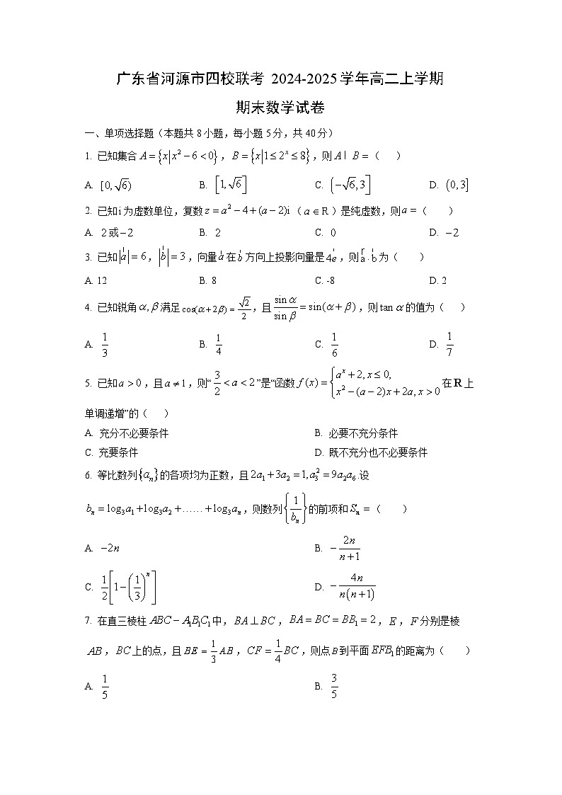 【数学】广东省河源市四校联考2024-2025学年高二上学期期末试卷（学生版）第1页