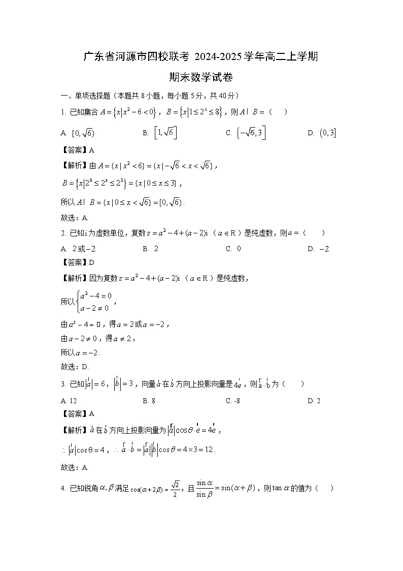 【数学】广东省河源市四校联考2024-2025学年高二上学期期末试卷（解析版）第1页