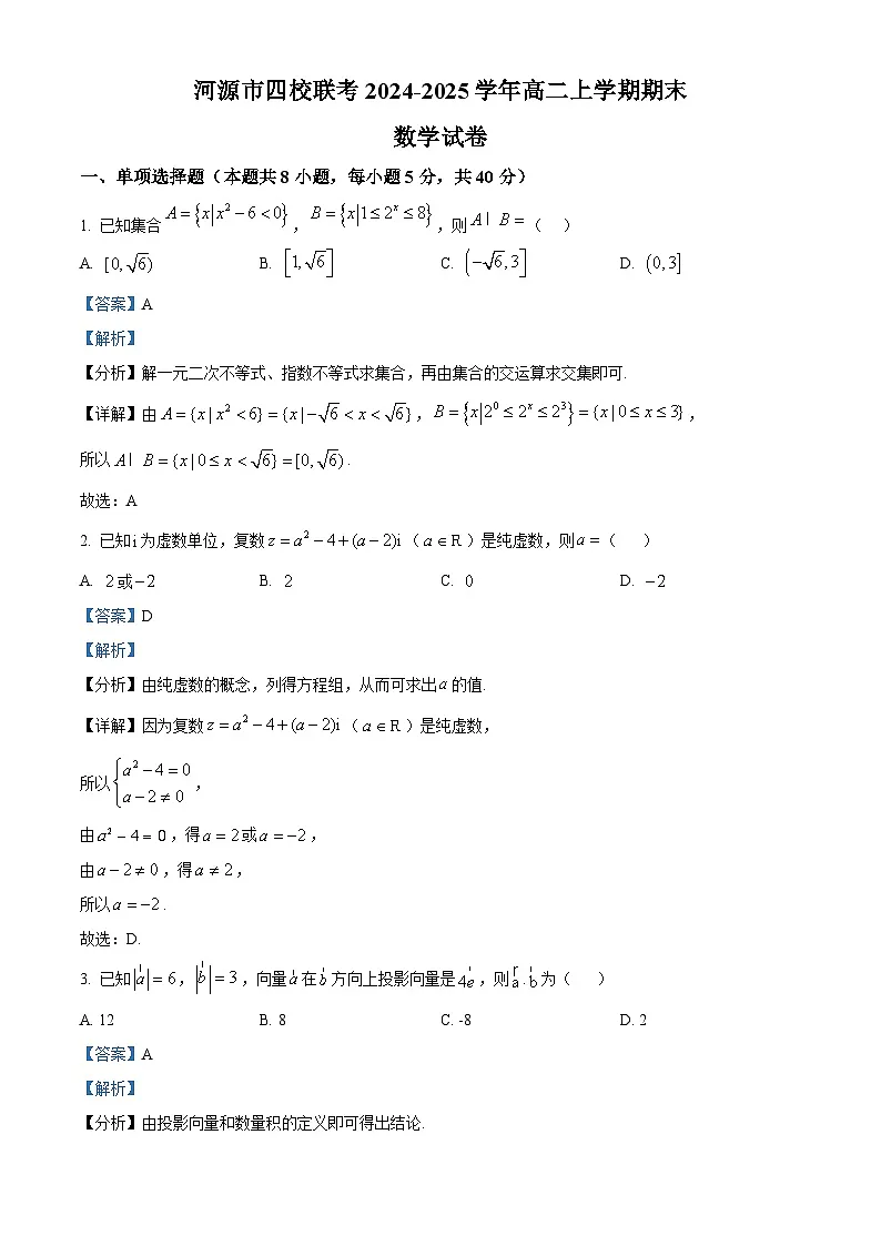 广东省河源市四校联考2024-2025学年高二上学期期末数学试卷 Word版含解析第1页