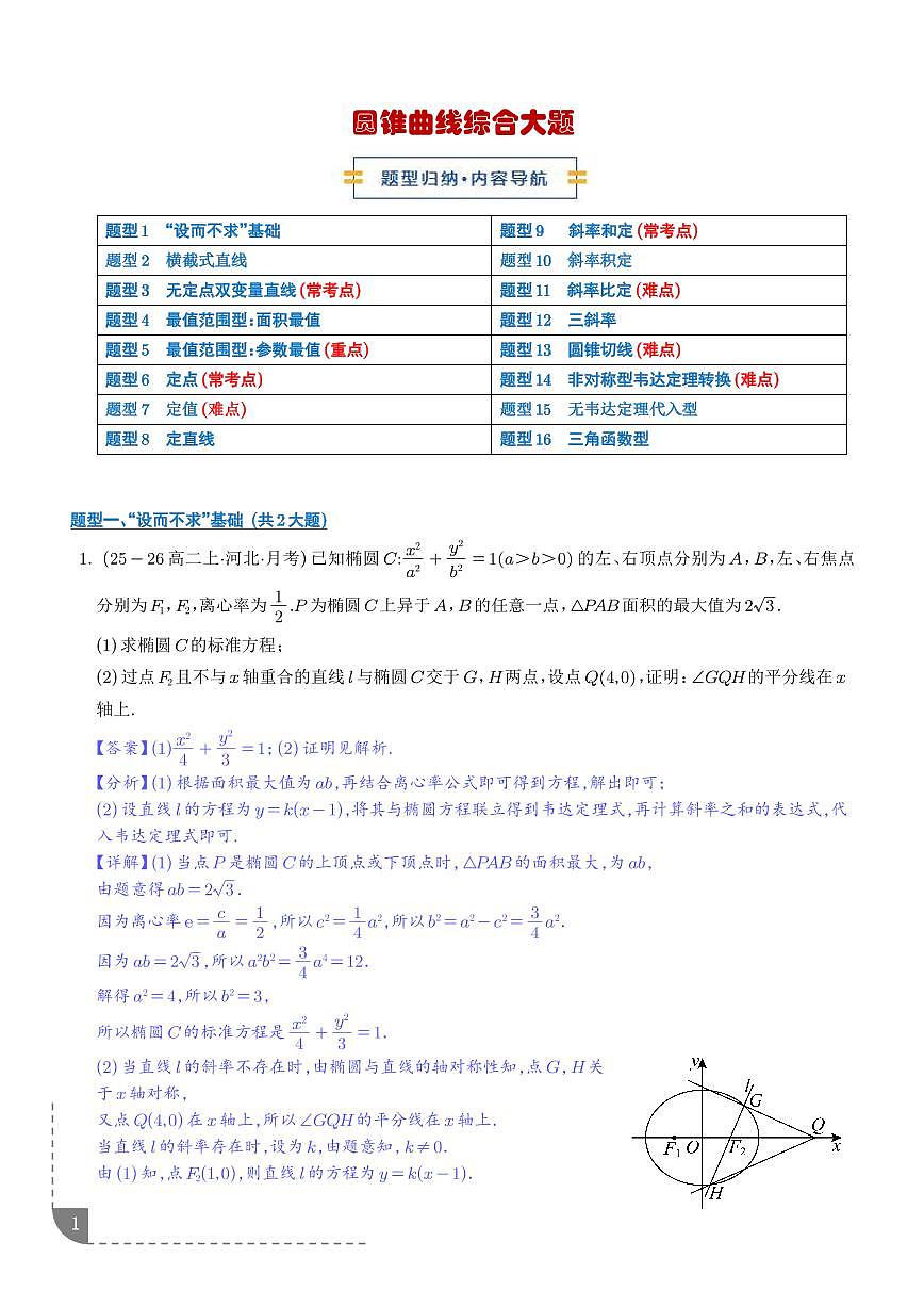 圆锥曲线综合大题--高二数学期末复习专项训练（解析版）第1页