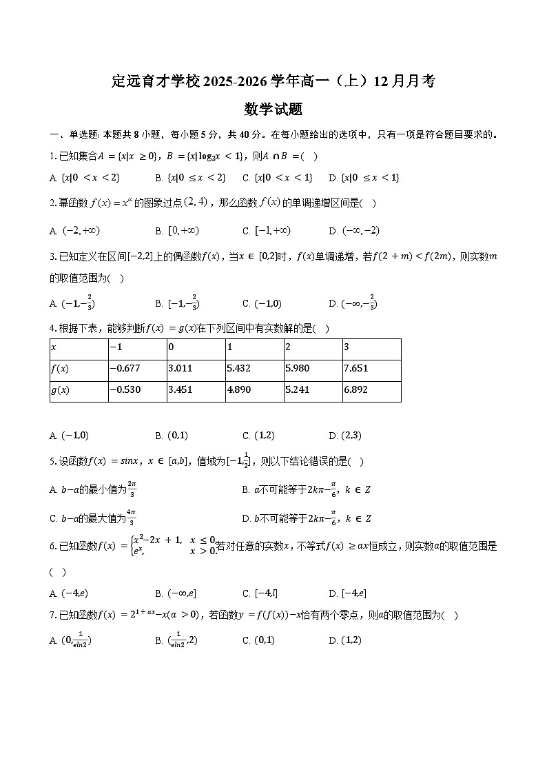 安徽省滁州市定远县育才学校2025-2026学年高一上学期12月月考数学试题（含答案）第1页