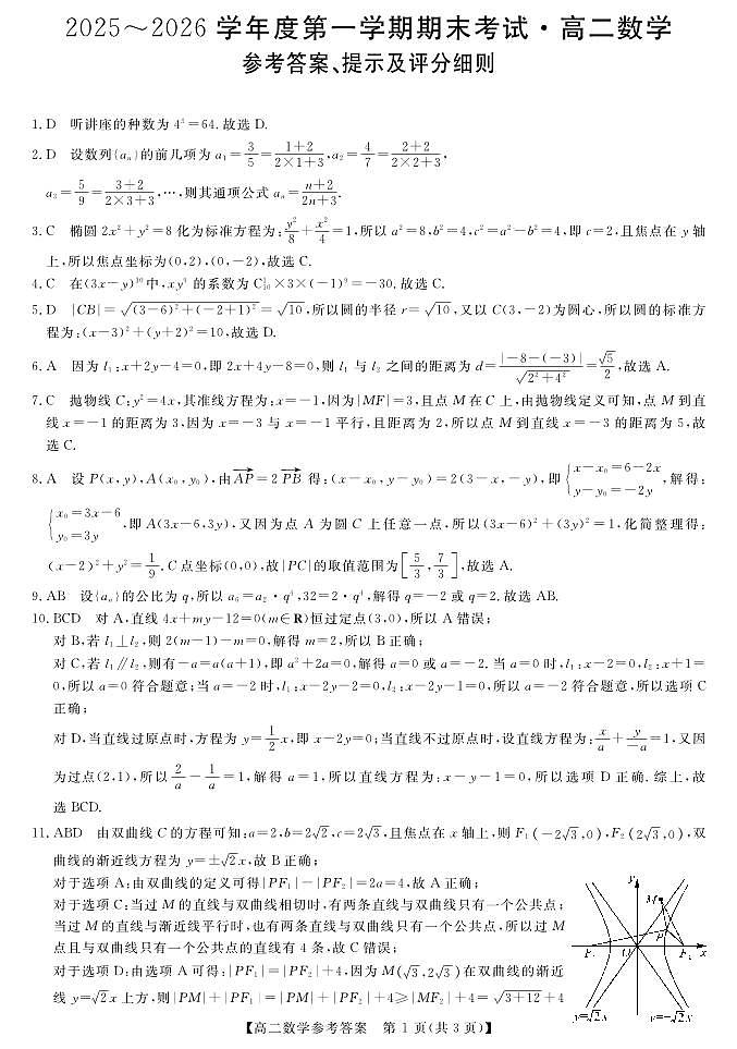 天祝藏族自治县第一中学2025-2026学年高二上学期期末考试数学试题参考答案第1页