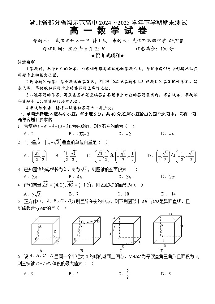 湖北省武汉市七彩联盟2024-2025学年度下学期高一年级6月联考数学试卷（无答案）第1页