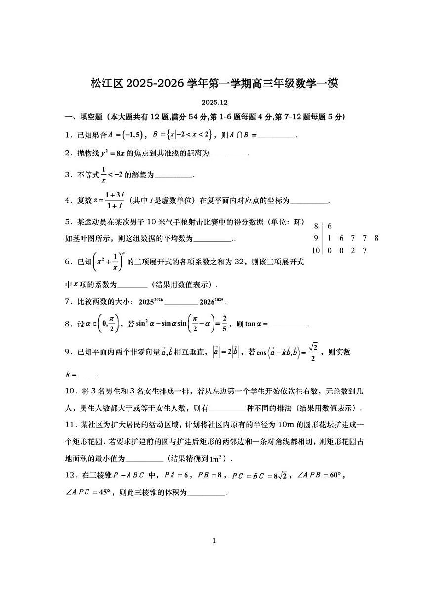 2025-2026学年上海松江高三上一模数学试卷（有答案）第1页