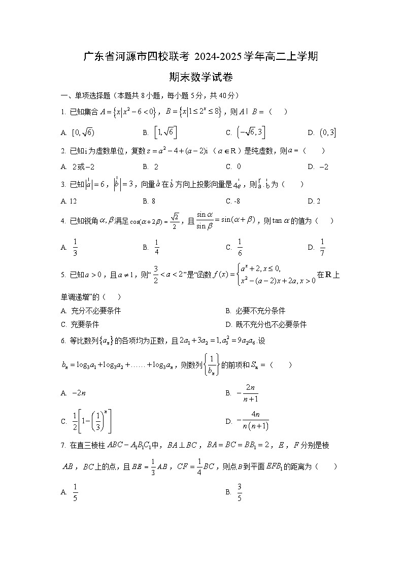 2024-2025学年广东省河源市四校联考高二上学期期末数学试卷（学生版）第1页