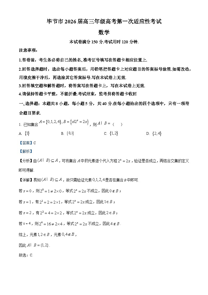 贵州省毕节市2026届高三第一次适应性考试数学试题 Word版含解析第1页