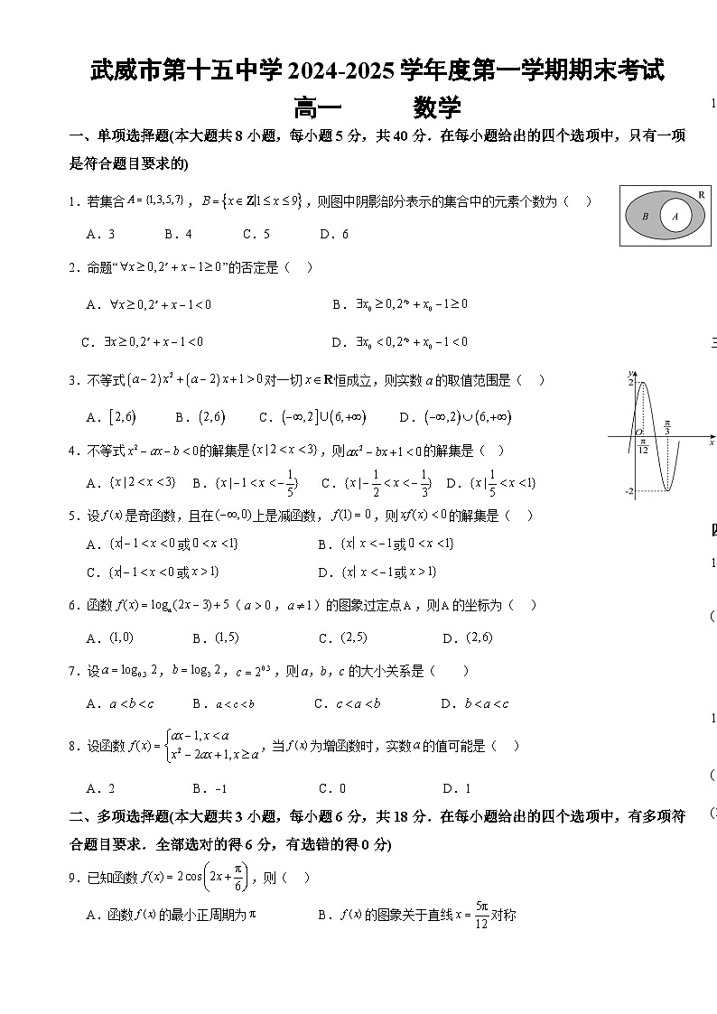 武威市第十五中学2024-2025学年度第一学期期末考试高一数学-A4第1页
