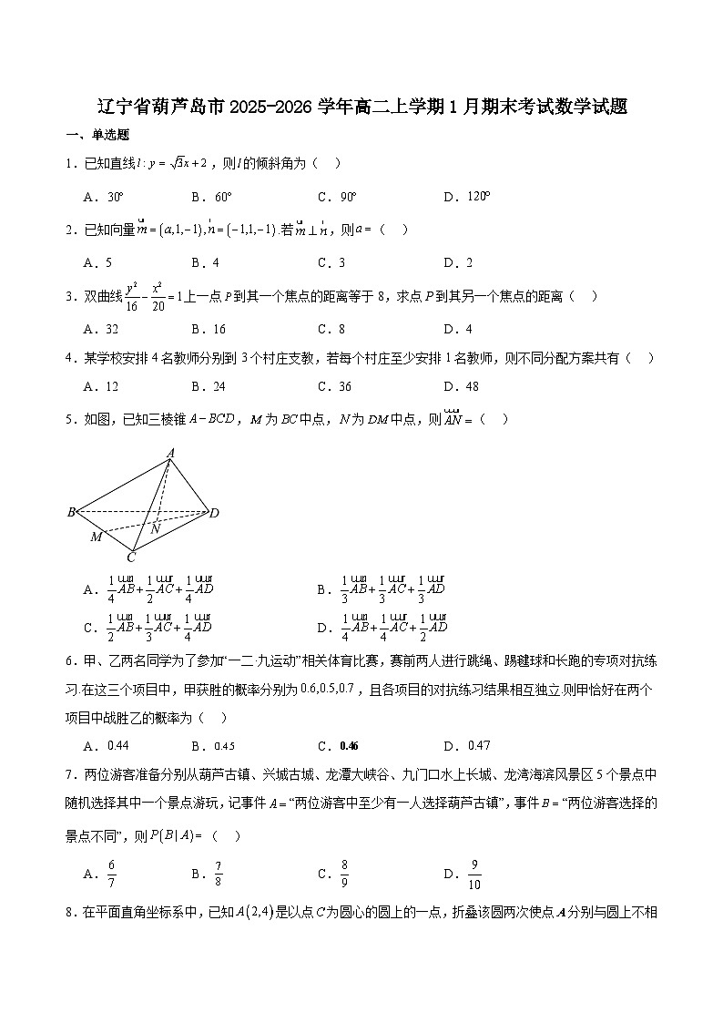 辽宁省葫芦岛市2025-2026学年高二上学期1月期末考试 数学（含答案）第1页