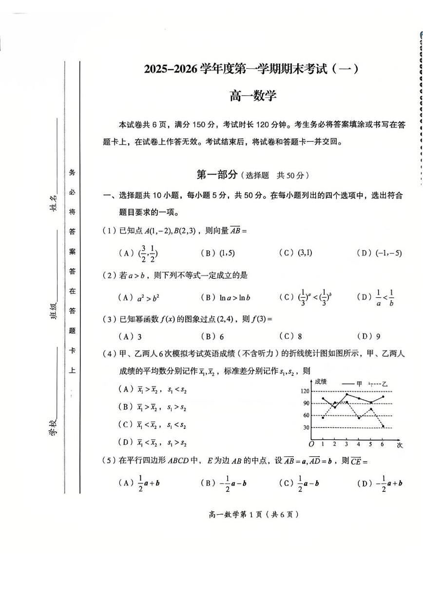 2025-2026学年北京市房山区高一上学期期末数学_(无答案_)试卷第1页