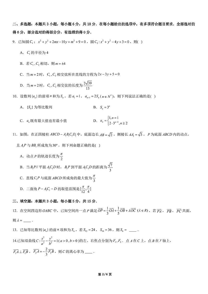 广东省深圳市2025-2026学年高二上学期期末考试复习数学试题（含答案解析）第2页
