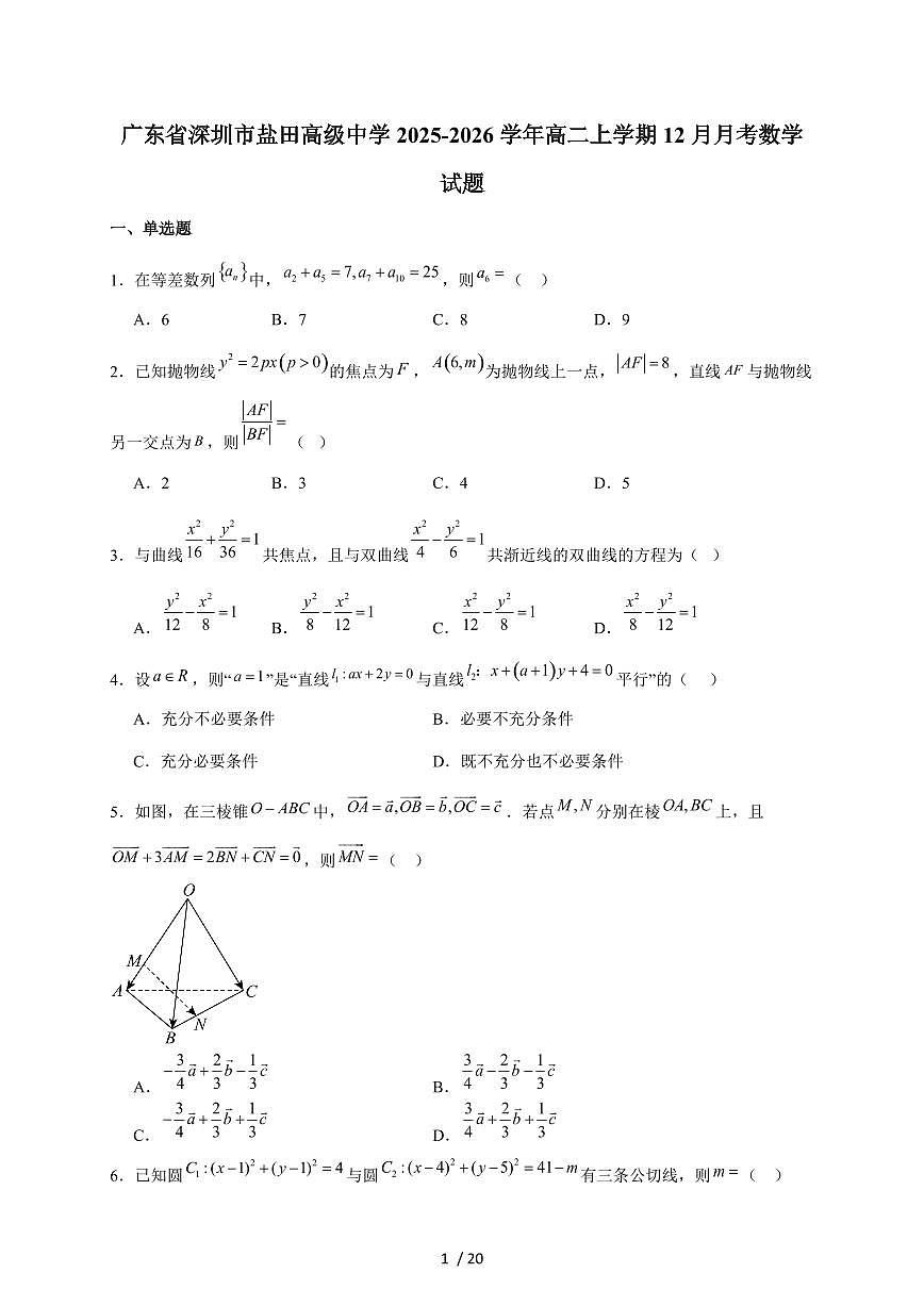 深圳市盐田高级中学2025-2026学年高二上学期12月月考数学试卷（含解析）第1页