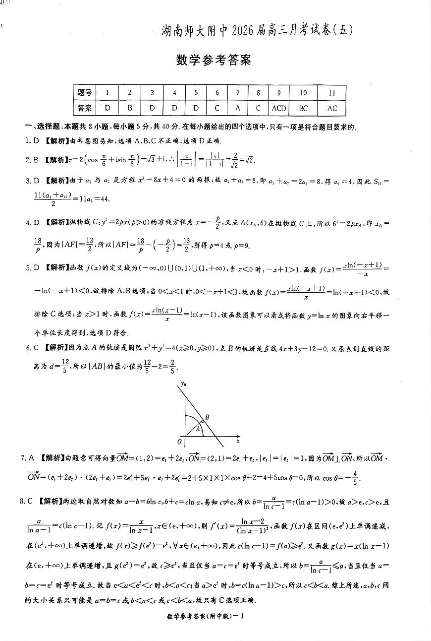 湖南省长沙市湖南师范大学附属中学2026届高三上学期月考（五）数学试卷（无答案）第1页